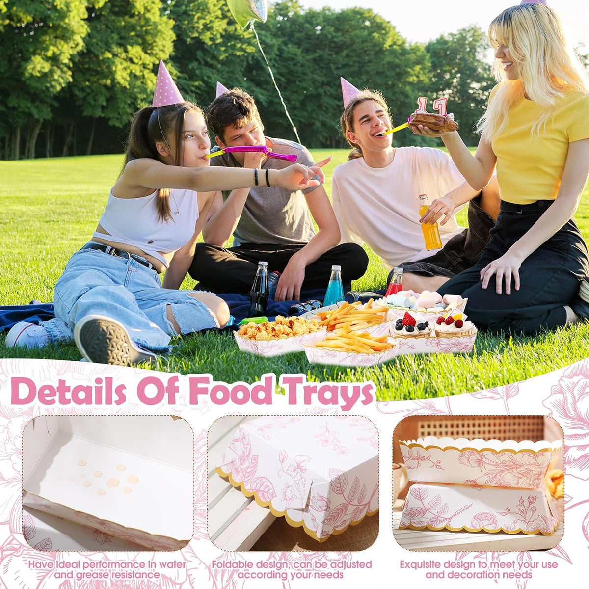 48 Pack Pink Floral Plates Paper Food Trays Scalloped Disposable Bowl Food Boat Nachos Snack Hot Dog Taco Serving Trays for Birthday Bridal Shower Wedding Tea Party Decoration Supplies