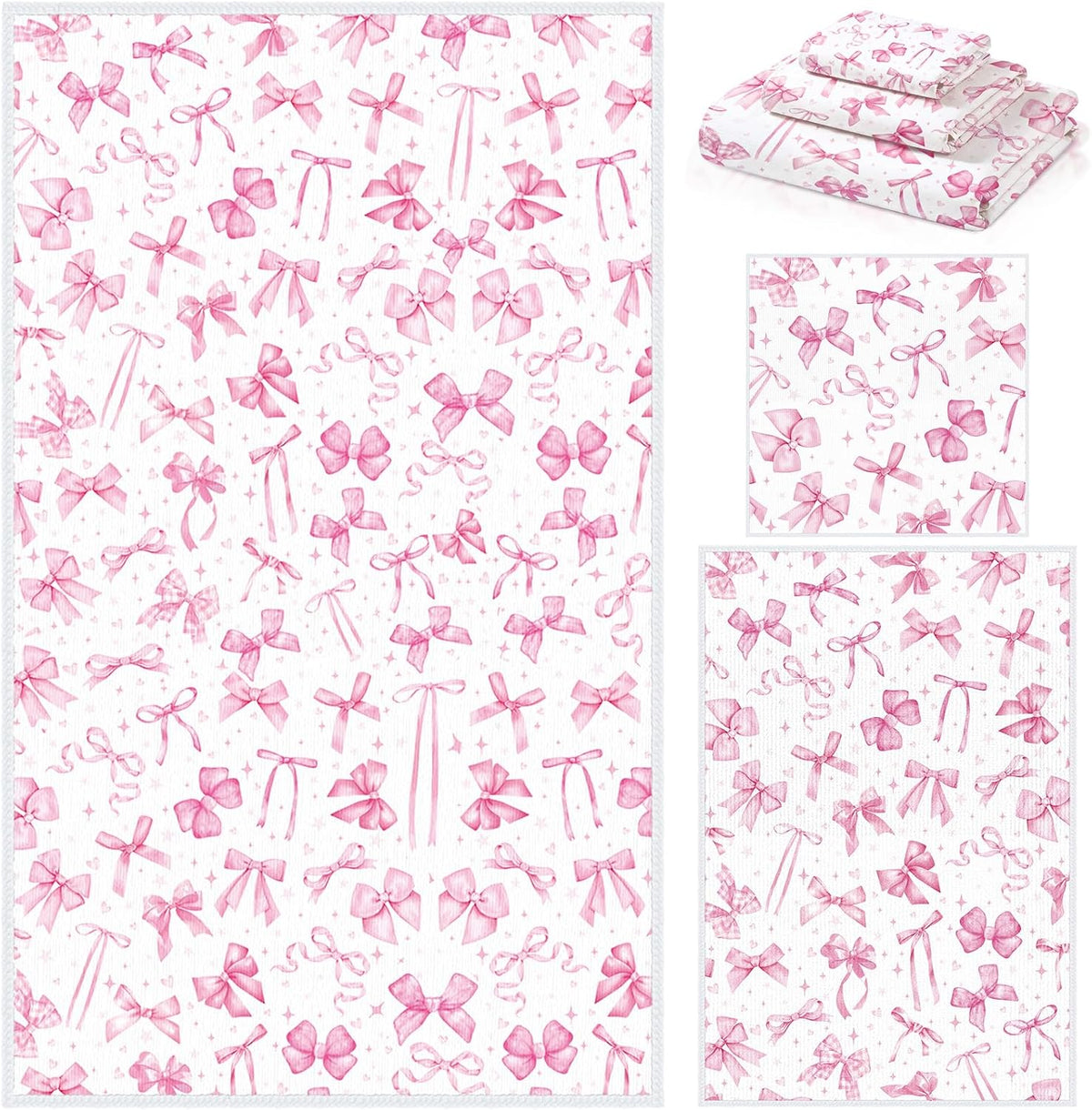 Set of 3 Pink Bow Bath Towels, Decorative Towels for Bathroom