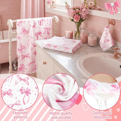 Set of 3 Pink Bow Bath Towels, Decorative Towels for Bathroom