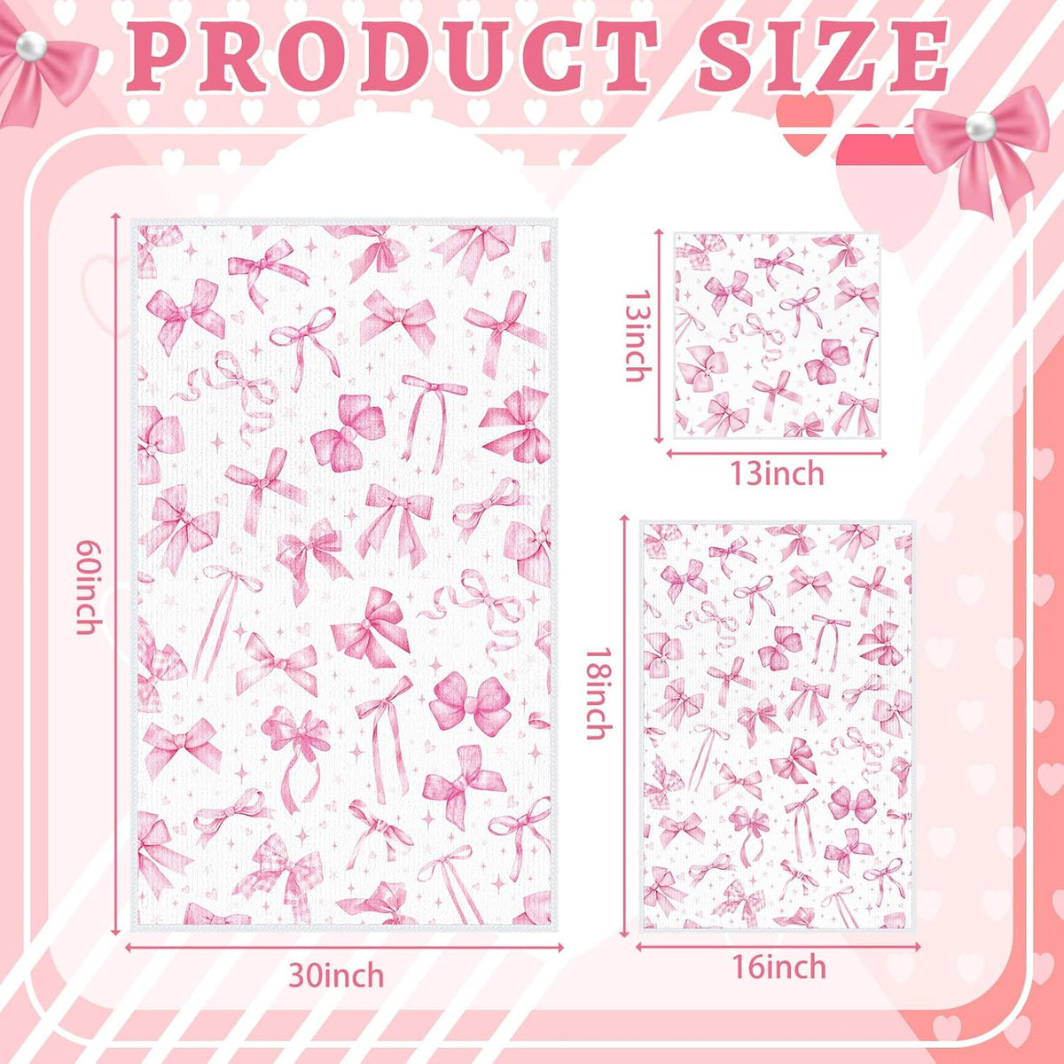 Set of 3 Pink Bow Bath Towels, Decorative Towels for Bathroom