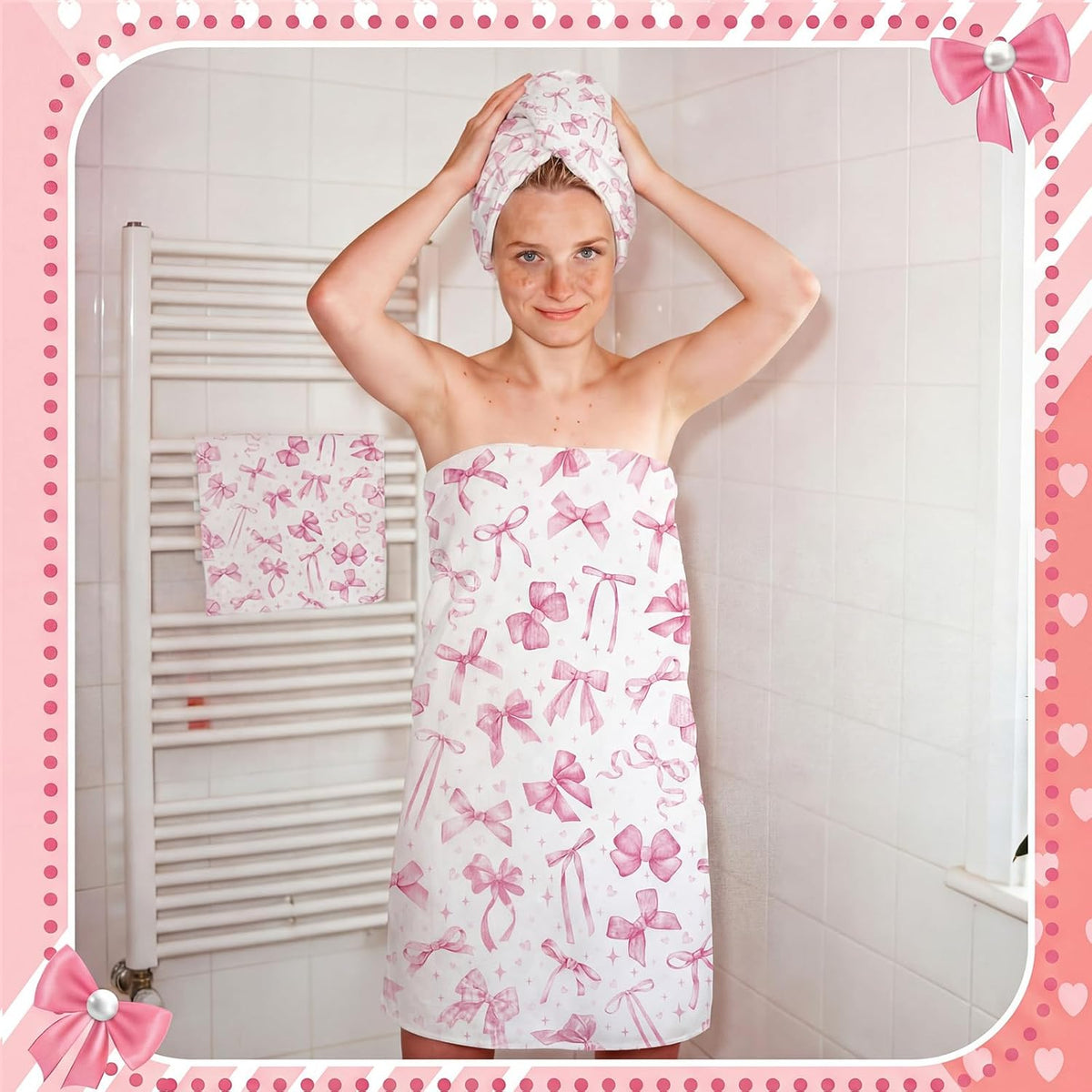 Set of 3 Pink Bow Bath Towels, Decorative Towels for Bathroom
