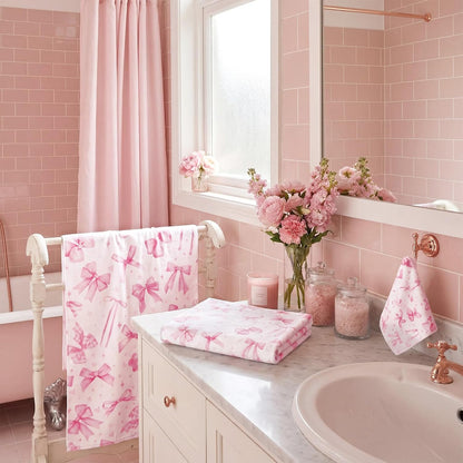 Set of 3 Pink Bow Bath Towels, Decorative Towels for Bathroom