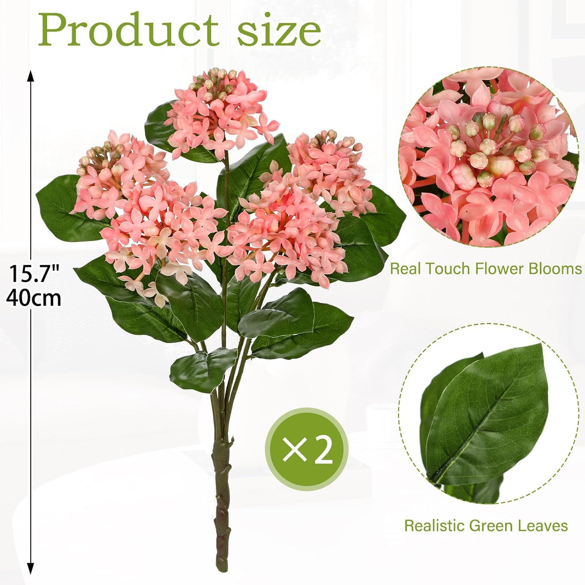 Pink Hydrangea Artificial Flowers 2 Bouqutes, 15.7" Real Touch Plastic Faux Hydrangea Flowers Outdoor with 5 Blooms, Large Silk Fake Hydrangeas Flower Arrangement for Home, Porch, Patio, Garden Decor