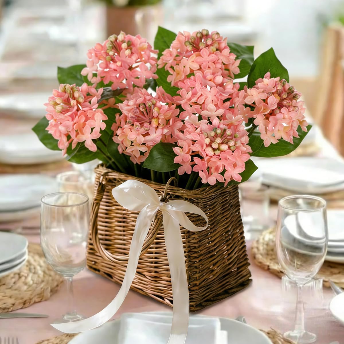 Pink Hydrangea Artificial Flowers 2 Bouqutes, 15.7" Real Touch Plastic Faux Hydrangea Flowers Outdoor with 5 Blooms, Large Silk Fake Hydrangeas Flower Arrangement for Home, Porch, Patio, Garden Decor