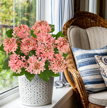 Pink Hydrangea Artificial Flowers 2 Bouqutes, 15.7" Real Touch Plastic Faux Hydrangea Flowers Outdoor with 5 Blooms, Large Silk Fake Hydrangeas Flower Arrangement for Home, Porch, Patio, Garden Decor