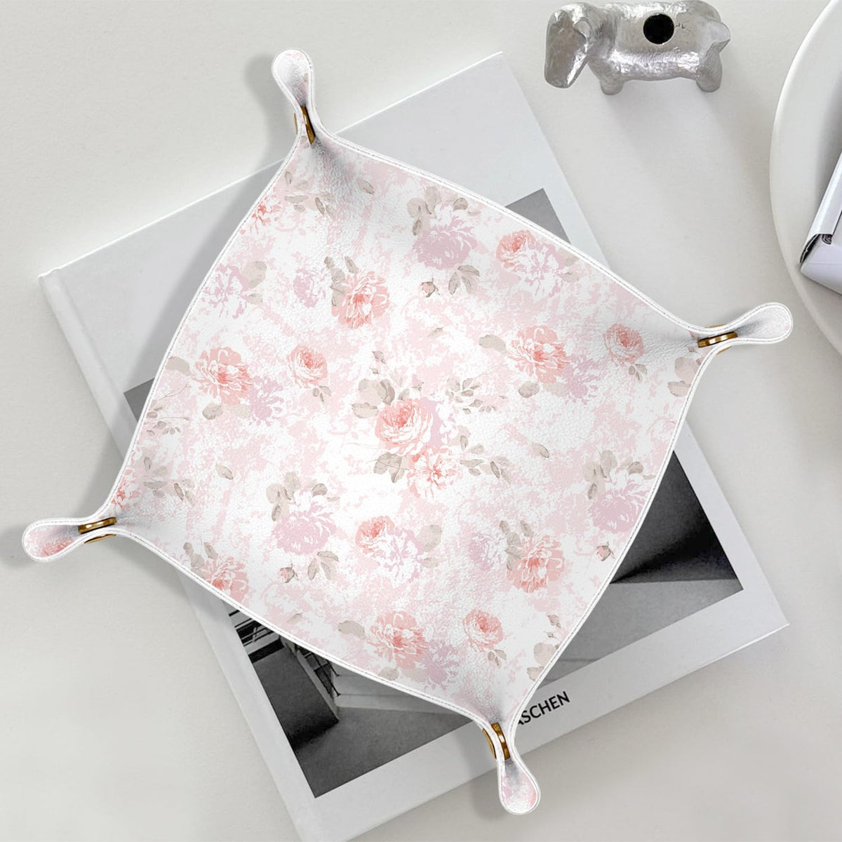 Mothers Day Gift for Expecting Mom,Pink Floral Jewelry Valet Tray for Women, Rose Flower PU Leather Catchall Beside Caddy Nightstand Organizer Tray for Jewelry Rings Watches Keys