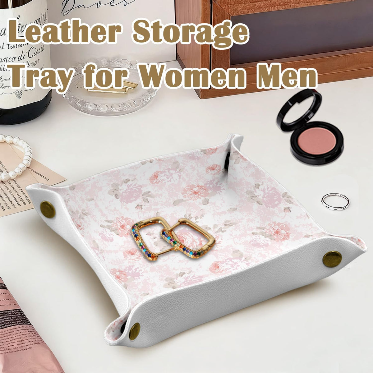 Mothers Day Gift for Expecting Mom,Pink Floral Jewelry Valet Tray for Women, Rose Flower PU Leather Catchall Beside Caddy Nightstand Organizer Tray for Jewelry Rings Watches Keys