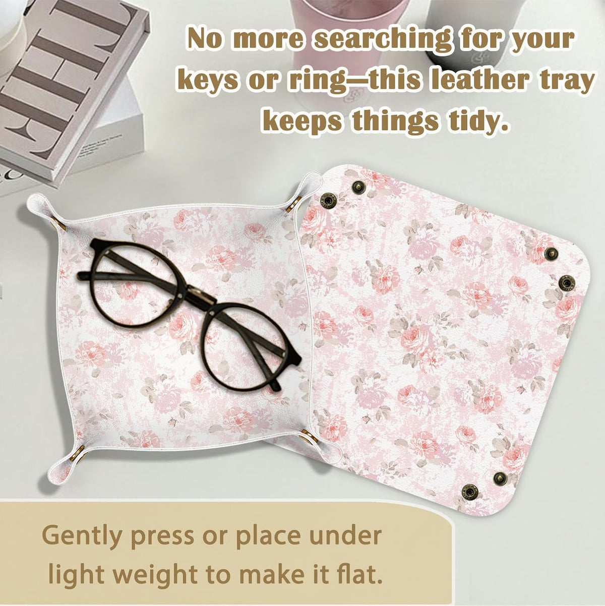 Mothers Day Gift for Expecting Mom,Pink Floral Jewelry Valet Tray for Women, Rose Flower PU Leather Catchall Beside Caddy Nightstand Organizer Tray for Jewelry Rings Watches Keys