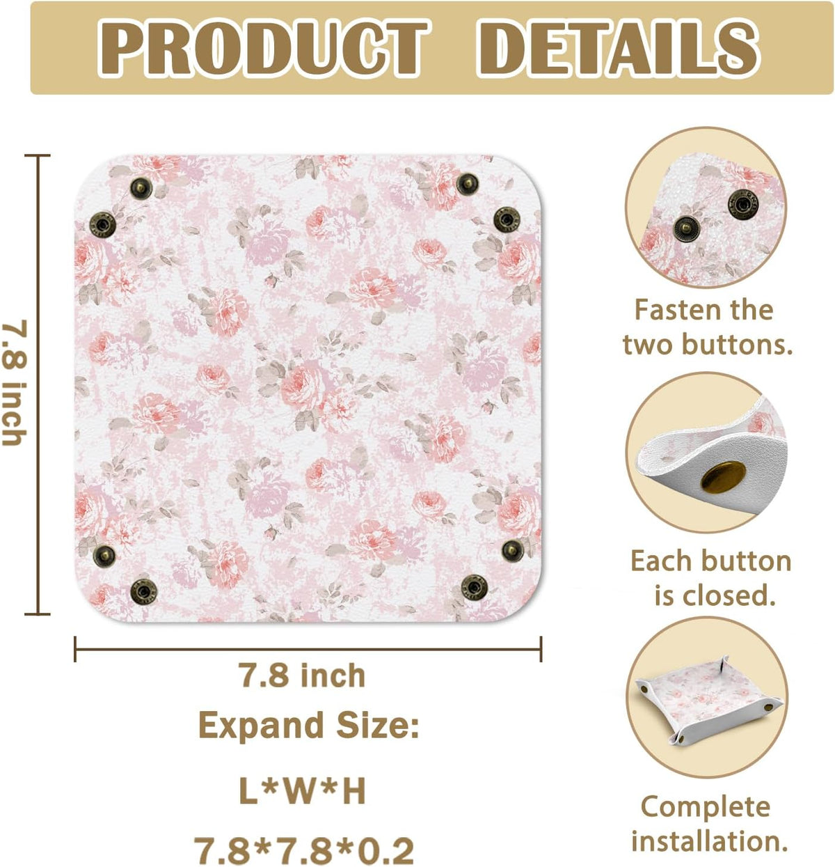 Mothers Day Gift for Expecting Mom,Pink Floral Jewelry Valet Tray for Women, Rose Flower PU Leather Catchall Beside Caddy Nightstand Organizer Tray for Jewelry Rings Watches Keys