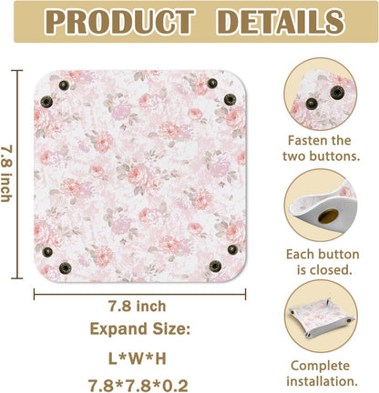 Mothers Day Gift for Expecting Mom,Pink Floral Jewelry Valet Tray for Women, Rose Flower PU Leather Catchall Beside Caddy Nightstand Organizer Tray for Jewelry Rings Watches Keys