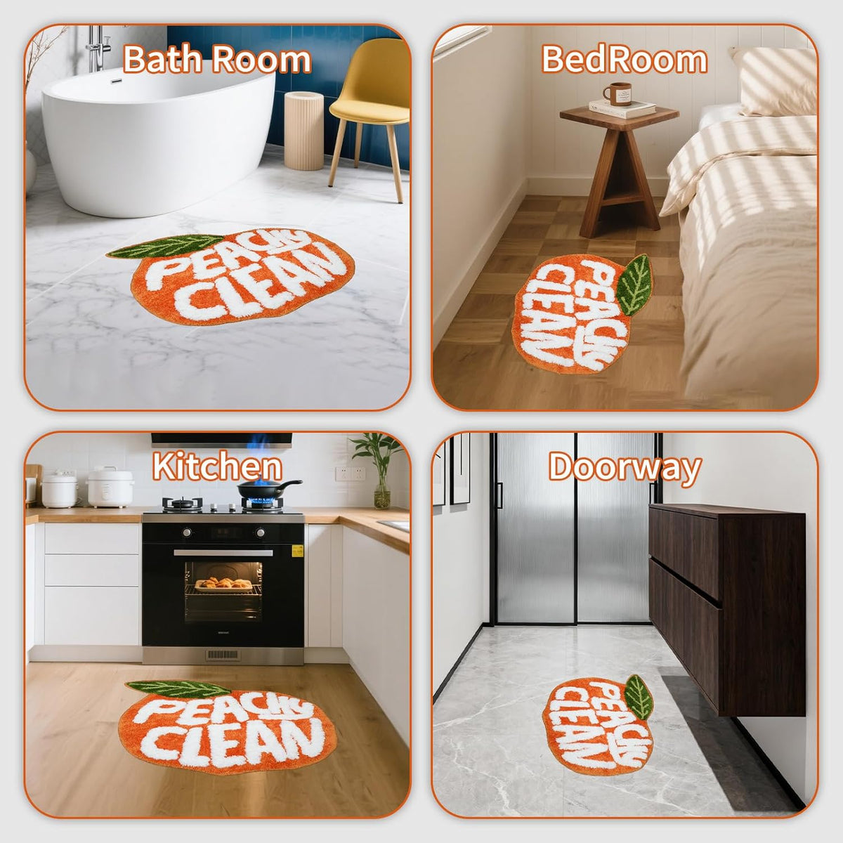 Peach Clean Bathroom Rugs, Cute Bath Mat Decor Door Mat, Soft & Absorbent Plush Coral Fabric Non-Slip Bathtub Rug Washable 24.8" x 21.6"