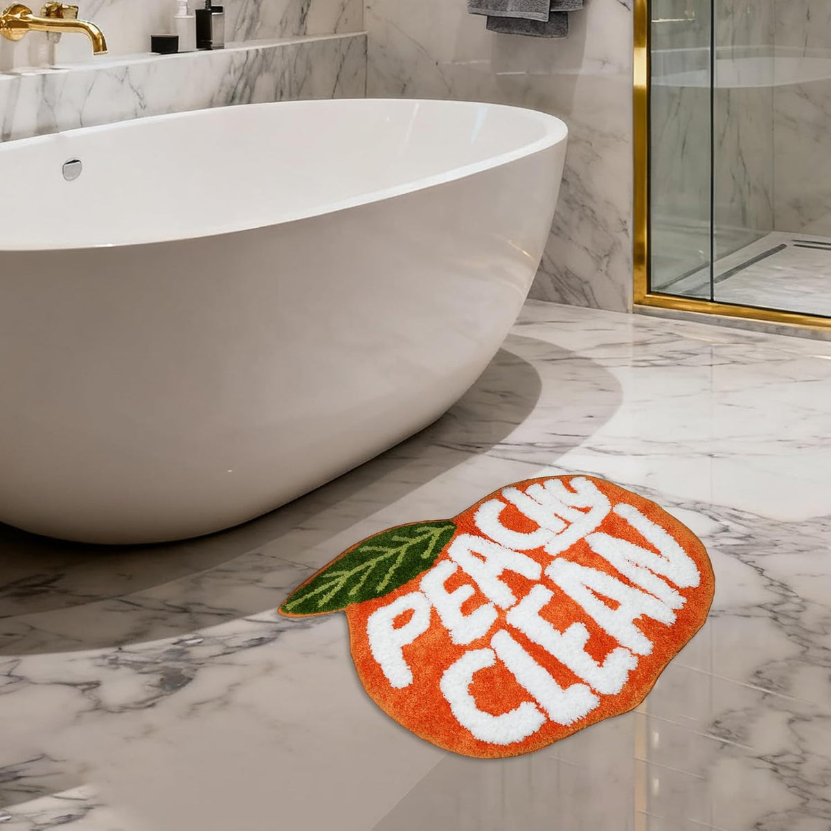 Peach Clean Bathroom Rugs, Cute Bath Mat Decor Door Mat, Soft & Absorbent Plush Coral Fabric Non-Slip Bathtub Rug Washable 24.8" x 21.6"