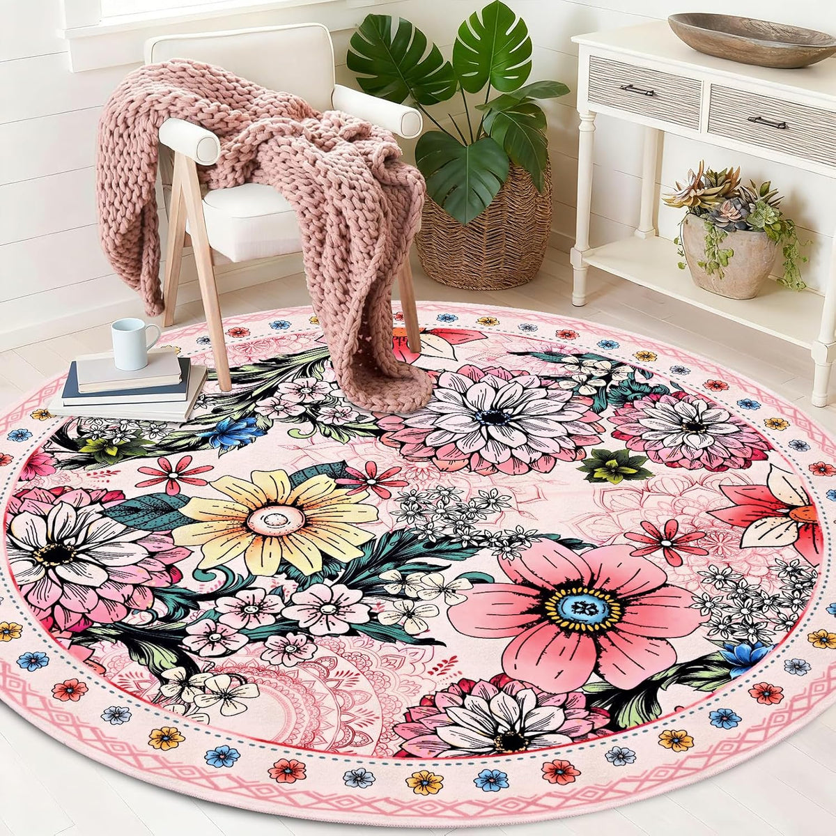 Round Rug 4ft Rug Washable Boho Floral Rugs Non Slip, Pink Soft Circular Area Rugs Low Pile, Faux Wool Flowers Carpet for Bedroom, Entryway, Living Room, Bedroom, Dining Room, Pink