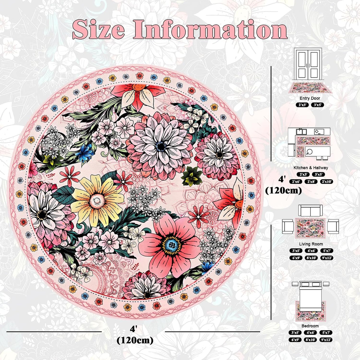 Round Rug 4ft Rug Washable Boho Floral Rugs Non Slip, Pink Soft Circular Area Rugs Low Pile, Faux Wool Flowers Carpet for Bedroom, Entryway, Living Room, Bedroom, Dining Room, Pink