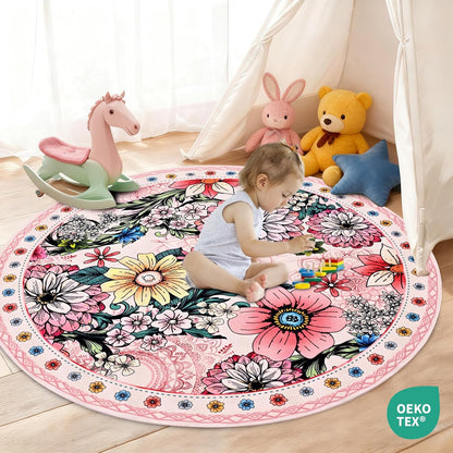 Round Rug 4ft Rug Washable Boho Floral Rugs Non Slip, Pink Soft Circular Area Rugs Low Pile, Faux Wool Flowers Carpet for Bedroom, Entryway, Living Room, Bedroom, Dining Room, Pink