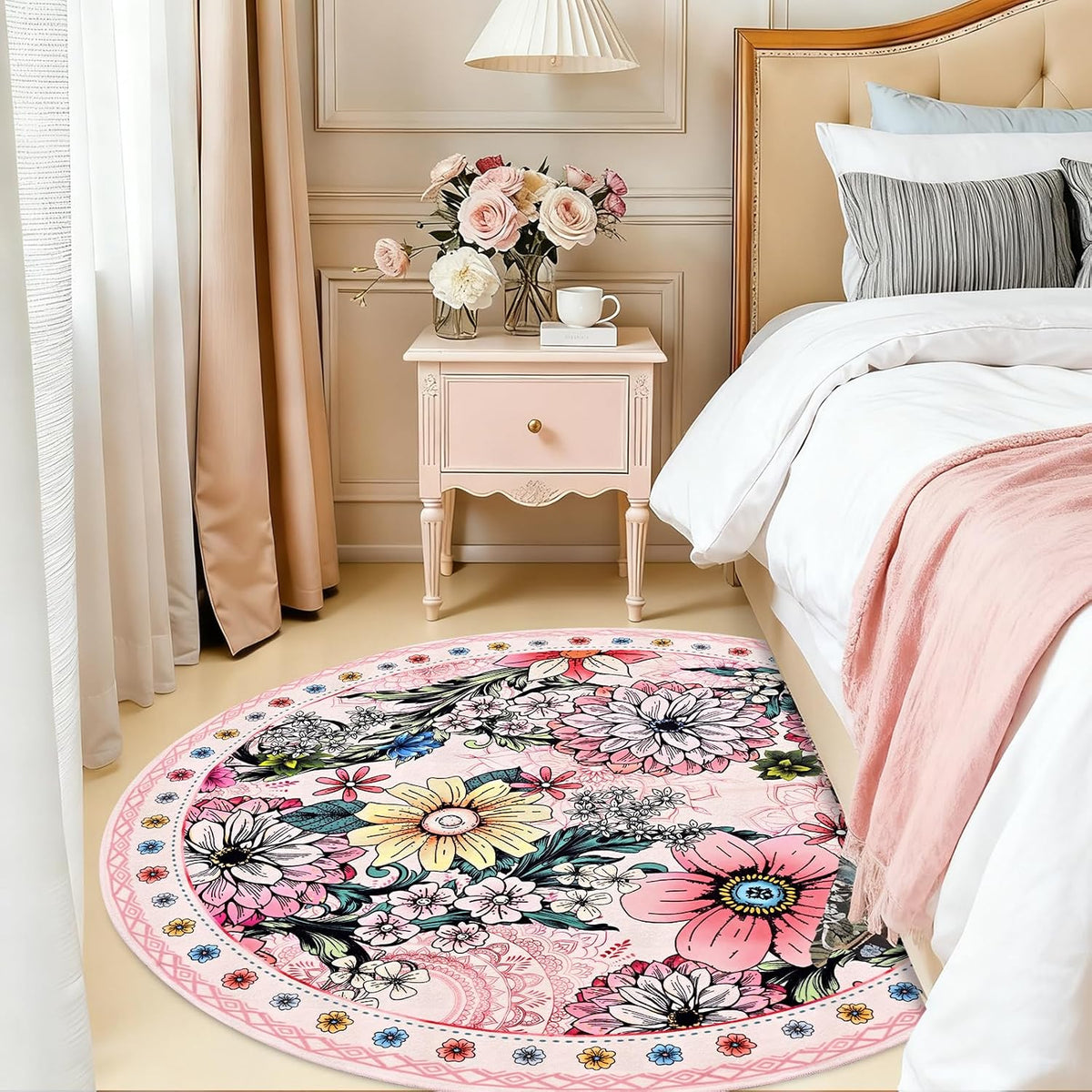 Round Rug 4ft Rug Washable Boho Floral Rugs Non Slip, Pink Soft Circular Area Rugs Low Pile, Faux Wool Flowers Carpet for Bedroom, Entryway, Living Room, Bedroom, Dining Room, Pink