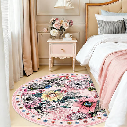 Round Rug 4ft Rug Washable Boho Floral Rugs Non Slip, Pink Soft Circular Area Rugs Low Pile, Faux Wool Flowers Carpet for Bedroom, Entryway, Living Room, Bedroom, Dining Room, Pink