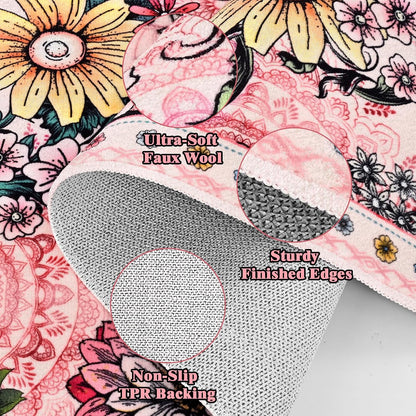Round Rug 4ft Rug Washable Boho Floral Rugs Non Slip, Pink Soft Circular Area Rugs Low Pile, Faux Wool Flowers Carpet for Bedroom, Entryway, Living Room, Bedroom, Dining Room, Pink