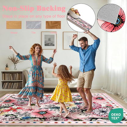 Round Rug 4ft Rug Washable Boho Floral Rugs Non Slip, Pink Soft Circular Area Rugs Low Pile, Faux Wool Flowers Carpet for Bedroom, Entryway, Living Room, Bedroom, Dining Room, Pink