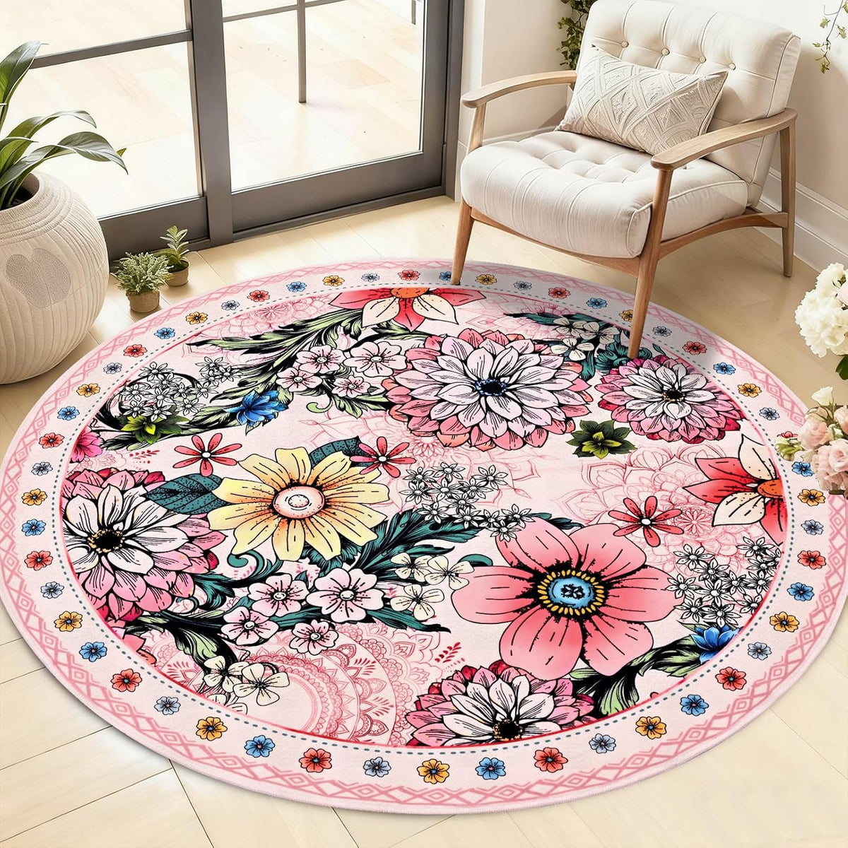 Round Rug 4ft Rug Washable Boho Floral Rugs Non Slip, Pink Soft Circular Area Rugs Low Pile, Faux Wool Flowers Carpet for Bedroom, Entryway, Living Room, Bedroom, Dining Room, Pink