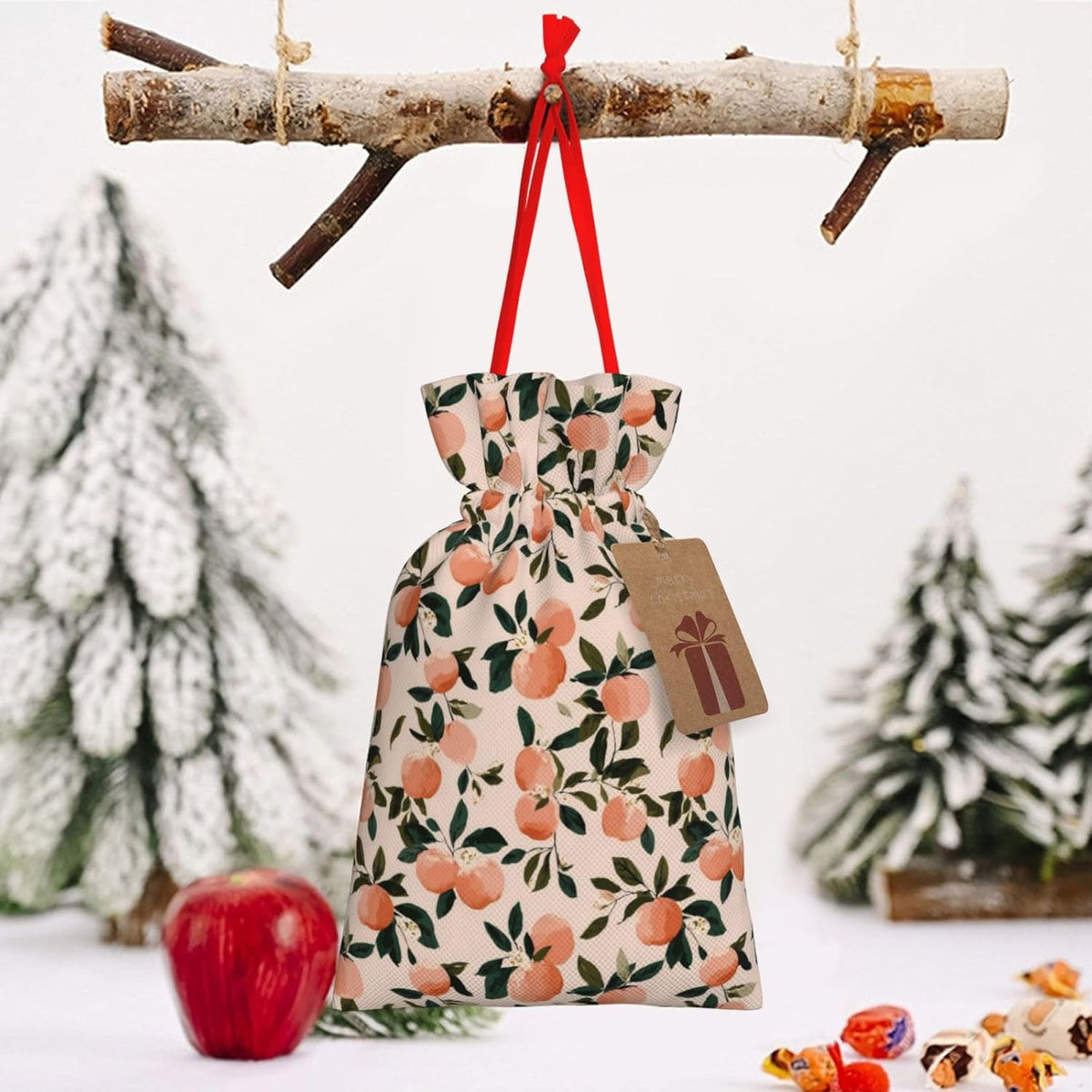Fruits Peach (2) Print Christmas Drawstring Gift Bags, Reusable Candy Treat Bags For Holiday Birthday Party