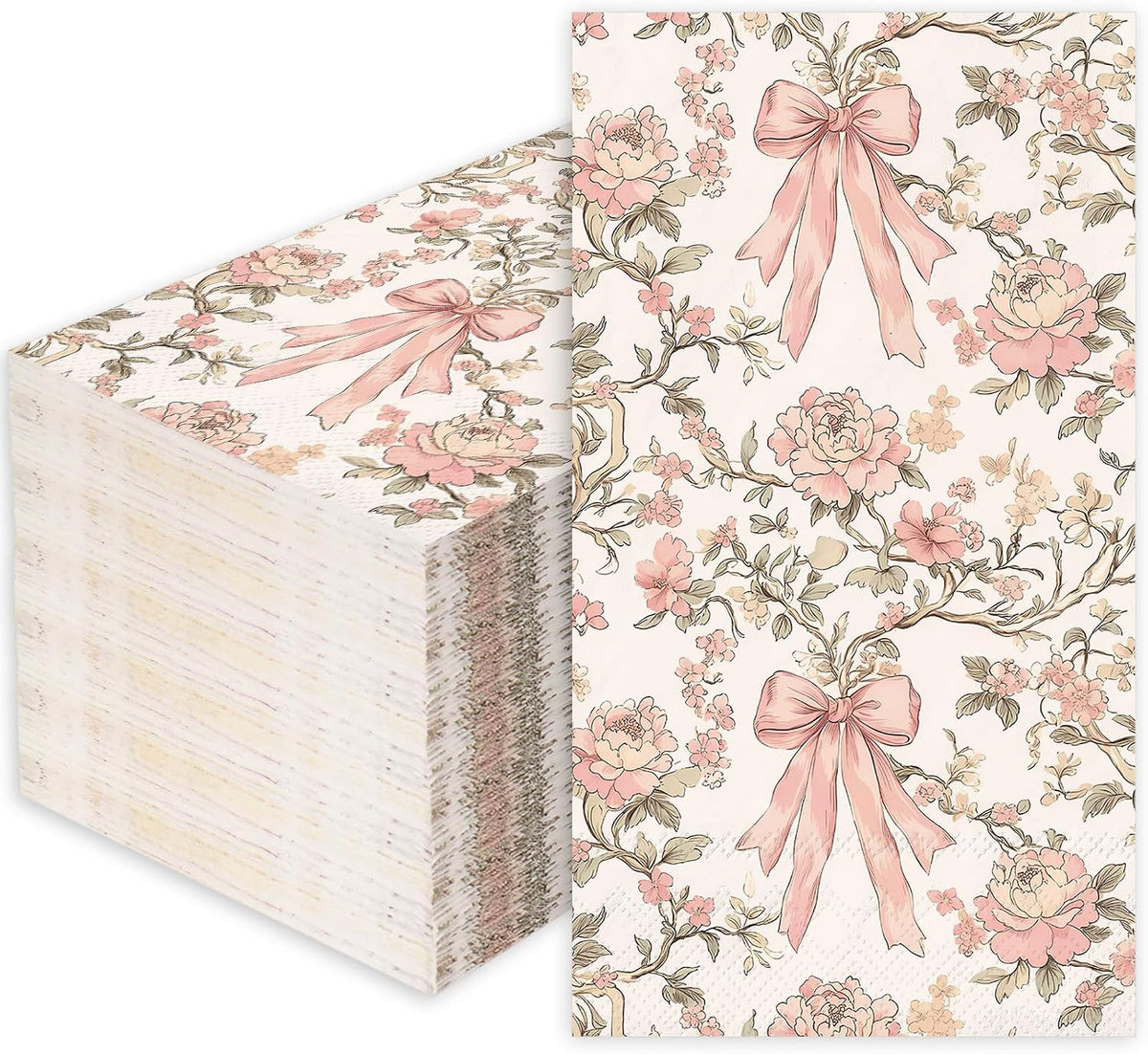 100Pcs Pink Bow Floral Guest Napkins Coquette Bows Flower Disposable Hand Towels Retro Paper Napkins for Birthday Wedding Tea Party Bathroom Kitchen