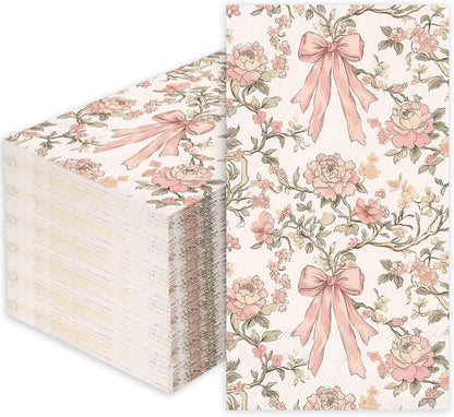 100Pcs Pink Bow Floral Guest Napkins Coquette Bows Flower Disposable Hand Towels Retro Paper Napkins for Birthday Wedding Tea Party Bathroom Kitchen