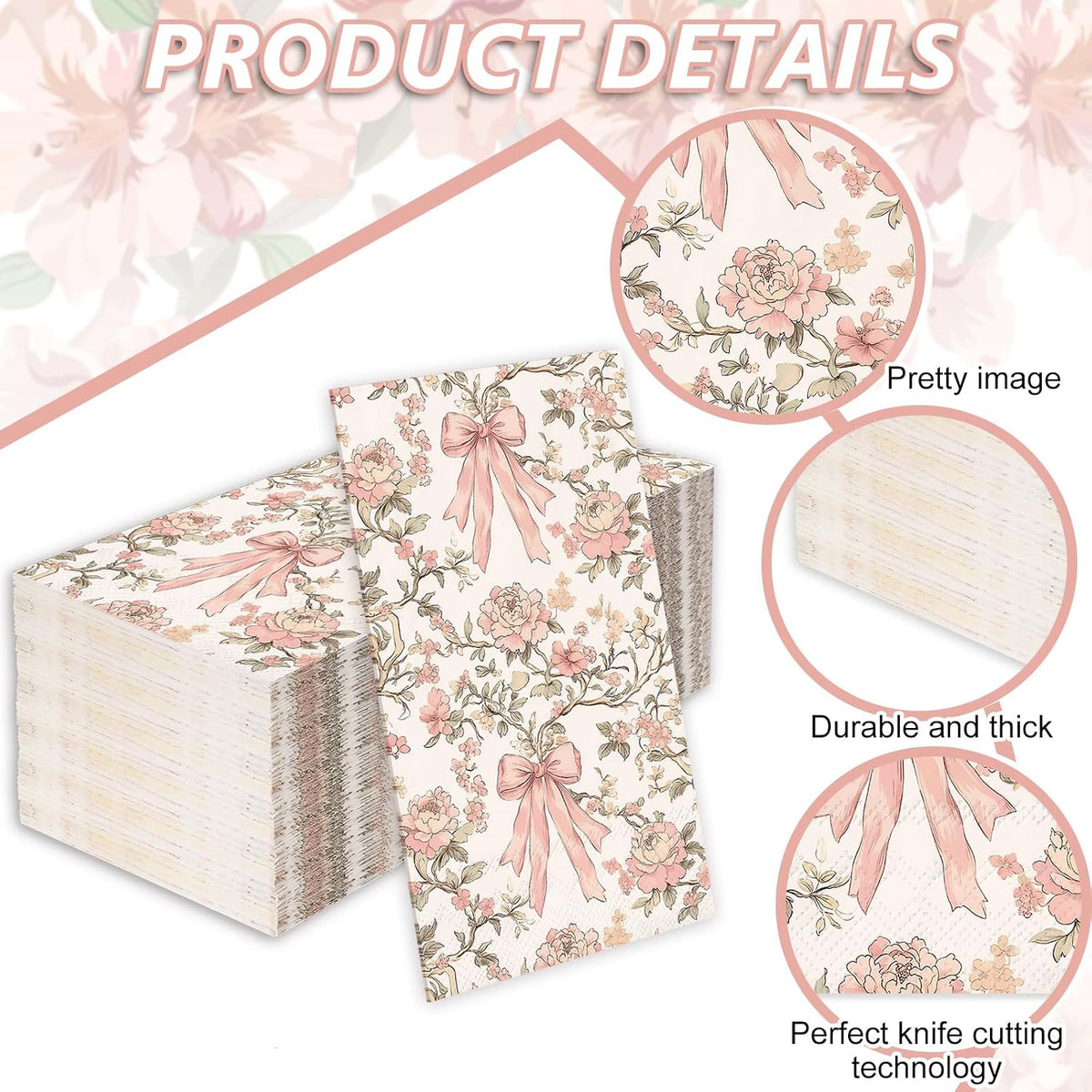 100Pcs Pink Bow Floral Guest Napkins Coquette Bows Flower Disposable Hand Towels Retro Paper Napkins for Birthday Wedding Tea Party Bathroom Kitchen