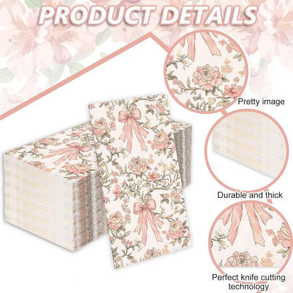 100Pcs Pink Bow Floral Guest Napkins Coquette Bows Flower Disposable Hand Towels Retro Paper Napkins for Birthday Wedding Tea Party Bathroom Kitchen