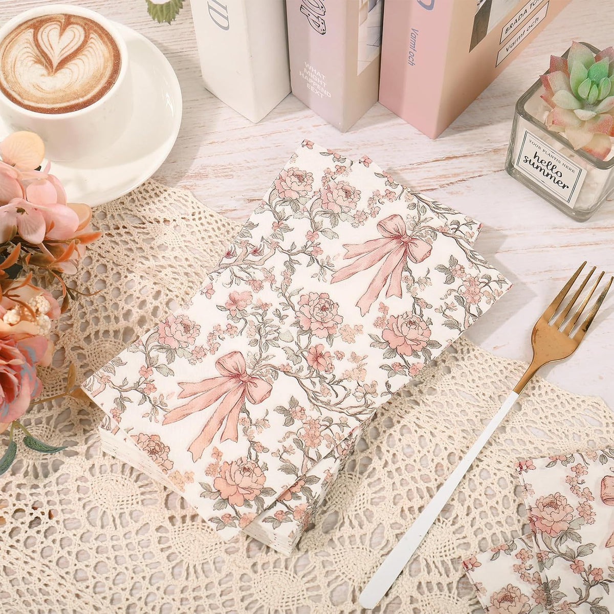 100Pcs Pink Bow Floral Guest Napkins Coquette Bows Flower Disposable Hand Towels Retro Paper Napkins for Birthday Wedding Tea Party Bathroom Kitchen