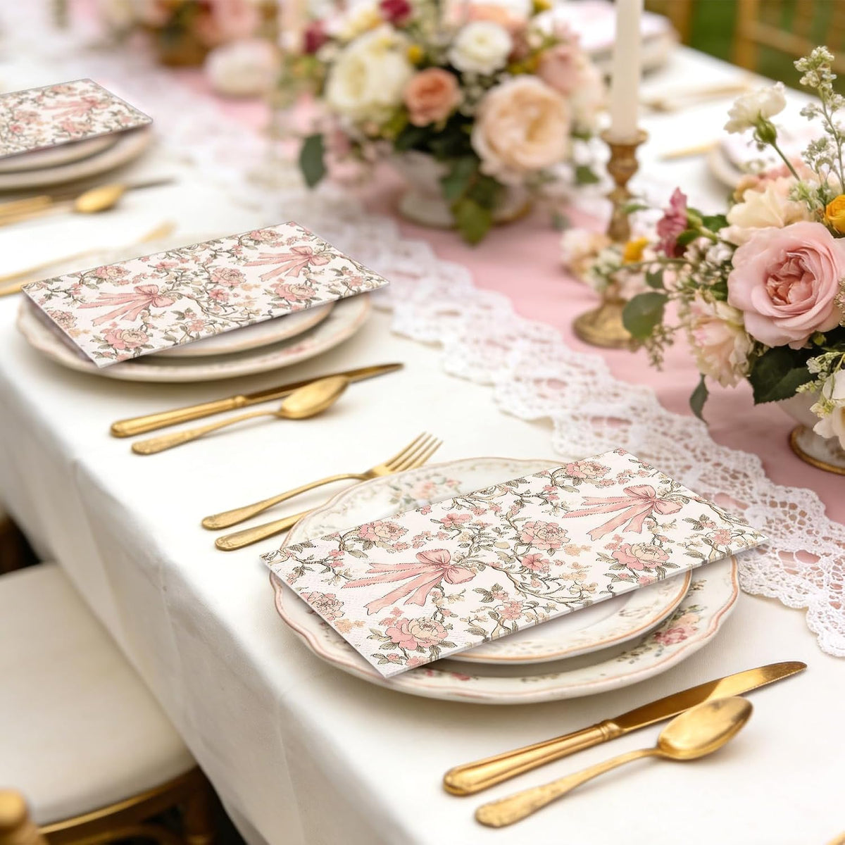 100Pcs Pink Bow Floral Guest Napkins Coquette Bows Flower Disposable Hand Towels Retro Paper Napkins for Birthday Wedding Tea Party Bathroom Kitchen
