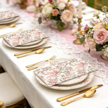 100Pcs Pink Bow Floral Guest Napkins Coquette Bows Flower Disposable Hand Towels Retro Paper Napkins for Birthday Wedding Tea Party Bathroom Kitchen