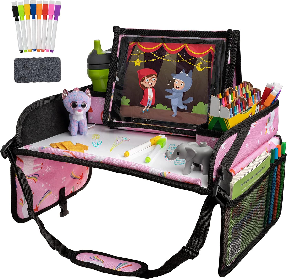 Travel Car Seat Tray - Dry Erase Board & Secure Tablet Holder for Toddler Travel - Durable 600D Oxford Cloth with Snack & Toy Compartments for Road Trip Essentials for Kids - Pink Unicorn