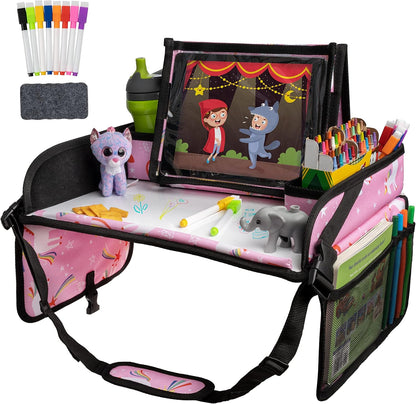 Travel Car Seat Tray - Dry Erase Board & Secure Tablet Holder for Toddler Travel - Durable 600D Oxford Cloth with Snack & Toy Compartments for Road Trip Essentials for Kids - Pink Unicorn