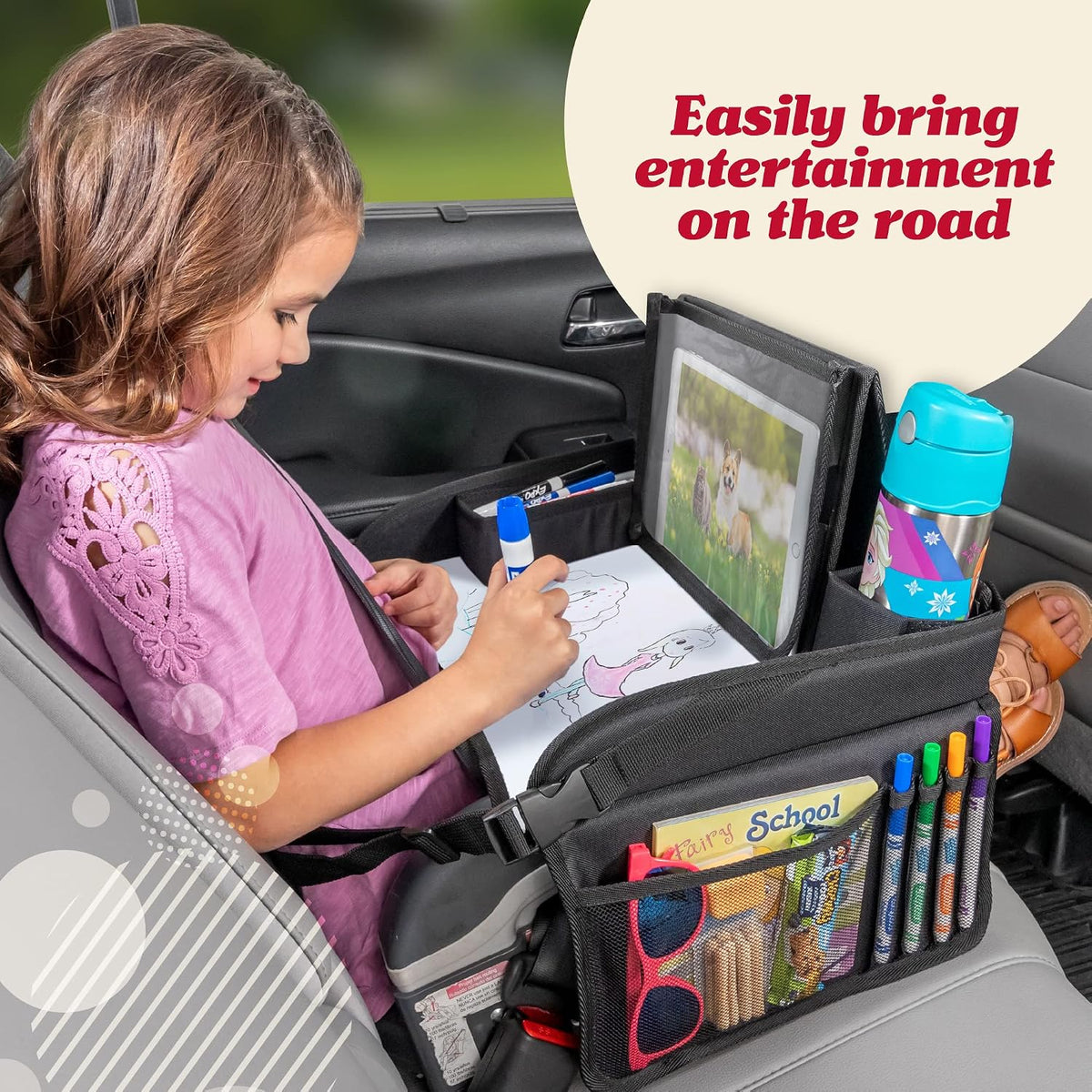 Travel Car Seat Tray - Dry Erase Board & Secure Tablet Holder for Toddler Travel - Durable 600D Oxford Cloth with Snack & Toy Compartments for Road Trip Essentials for Kids - Pink Unicorn
