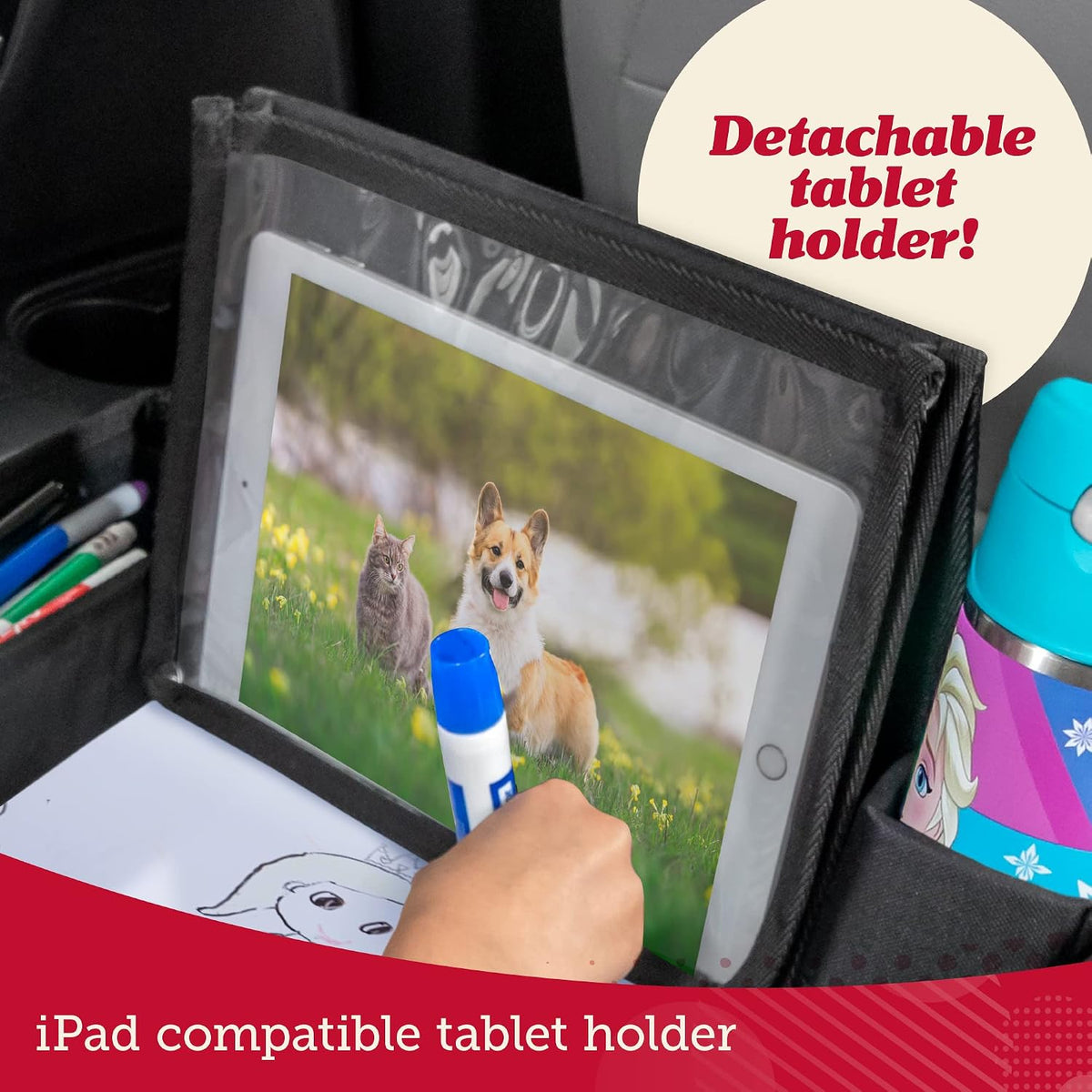 Travel Car Seat Tray - Dry Erase Board & Secure Tablet Holder for Toddler Travel - Durable 600D Oxford Cloth with Snack & Toy Compartments for Road Trip Essentials for Kids - Pink Unicorn