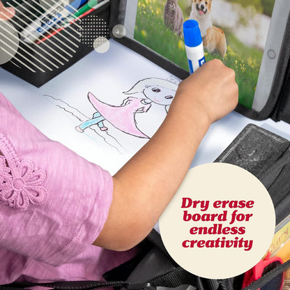 Travel Car Seat Tray - Dry Erase Board & Secure Tablet Holder for Toddler Travel - Durable 600D Oxford Cloth with Snack & Toy Compartments for Road Trip Essentials for Kids - Pink Unicorn