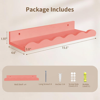 Nursery Book Shelves, 4 Pack Pink Floating Shelves for Wall, Wood Scalloped Shelves for Storage Books, Wall Book Shelf for Kids Rooms, Bedroom, Toddler Room, Baby Room, Nursery Decor