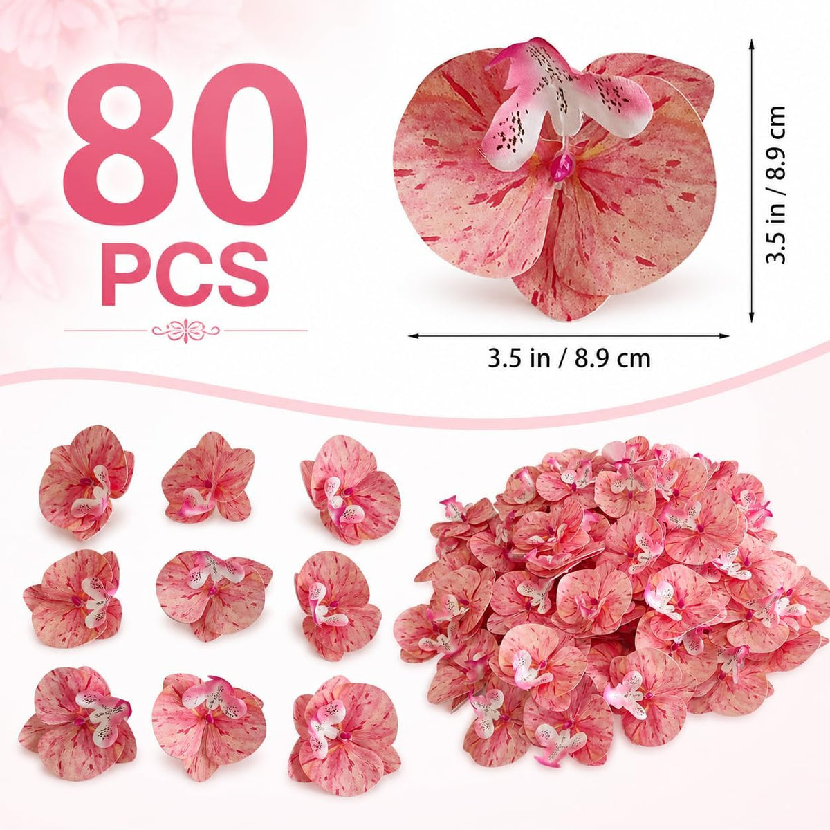 Fake Pink Orchids Artificial Flowers Heads, 3.5''Fake Orchid Heads for Wedding Floral Bouquet Decor DIY Craft Making Bridal Shower Photography Props (80, Pink)