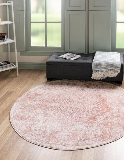 Oxford Collection Area Rug - Bodleian (5' 3" Round, Pink/ Ivory)