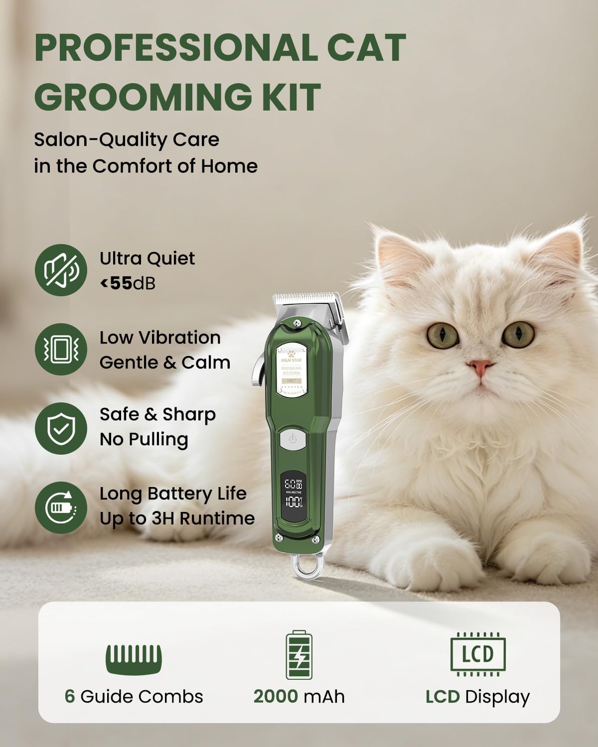 M&M STAR Cat Clippers for Matted Hair, 3-Speed Quiet Cordless Cat Shaver, All-Metal Body Cat Hair Trimmer for Long Haired Cats, Cat Grooming Kit, Pet Clippers for Cats & Dogs