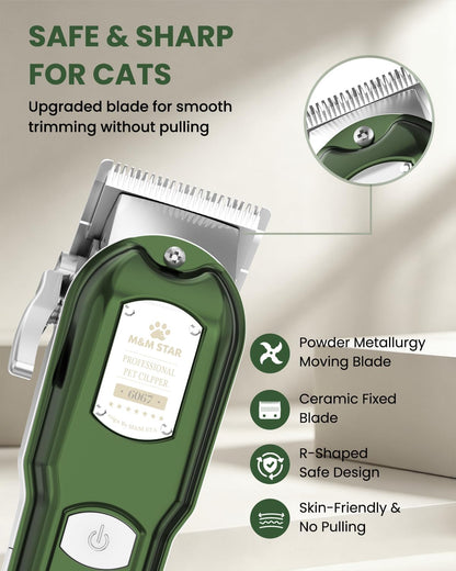 M&M STAR Cat Clippers for Matted Hair, 3-Speed Quiet Cordless Cat Shaver, All-Metal Body Cat Hair Trimmer for Long Haired Cats, Cat Grooming Kit, Pet Clippers for Cats & Dogs
