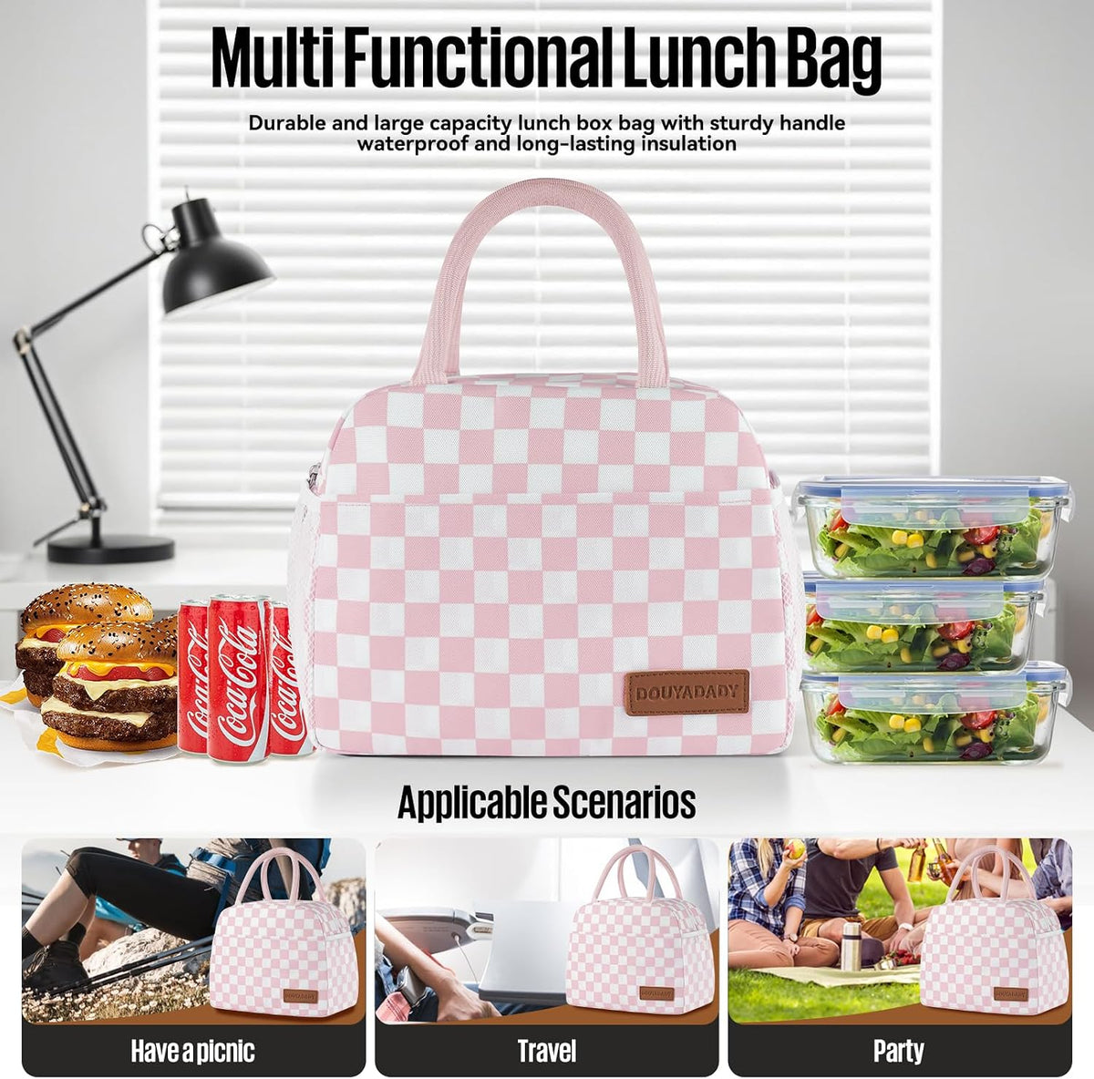 Lunch Bag Women/Men Lunch Box Women/Men (Pink+White Checkerboard)