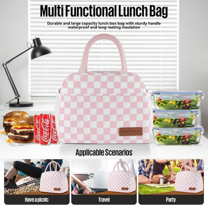 Lunch Bag Women/Men Lunch Box Women/Men (Pink+White Checkerboard)