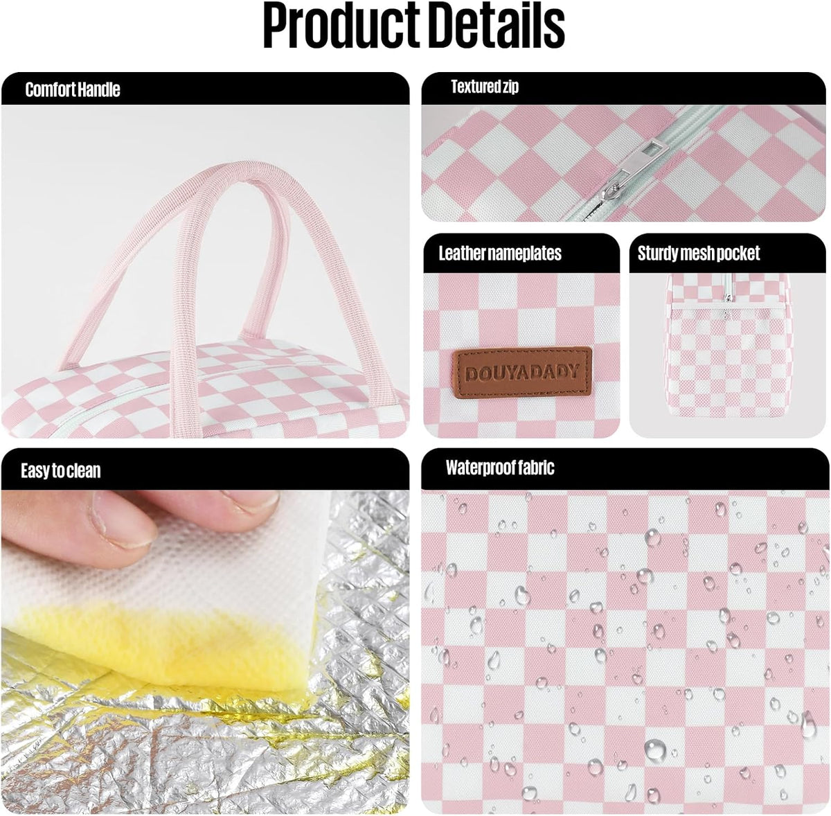 Lunch Bag Women/Men Lunch Box Women/Men (Pink+White Checkerboard)