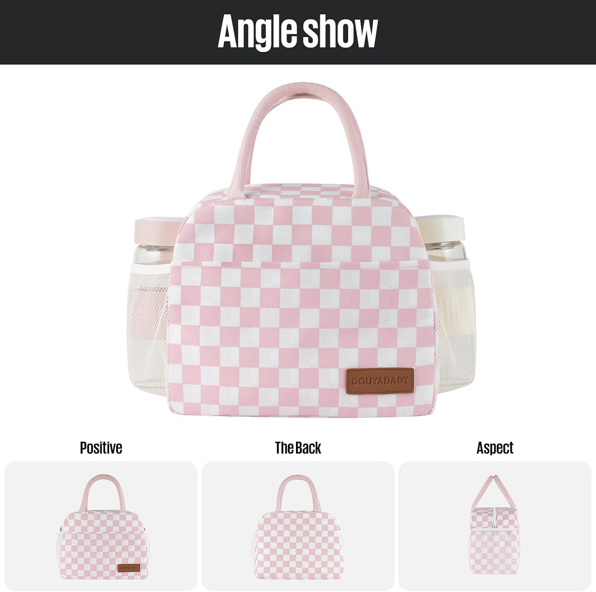 Lunch Bag Women/Men Lunch Box Women/Men (Pink+White Checkerboard)