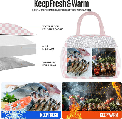 Lunch Bag Women/Men Lunch Box Women/Men (Pink+White Checkerboard)