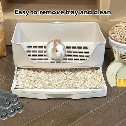 RUBYHOME Oversize Rabbit Litter Box with Drawer, Corner Toilet Box with Grate Potty Trainer, Bigger Pet Pan for Adult Guinea Pigs, Chinchilla, Ferret, Galesaur, Small Animals, 16.9 inch Long (White)