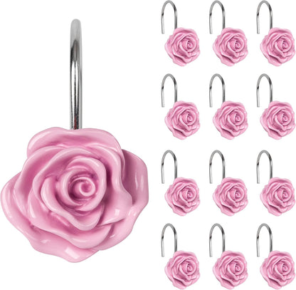 Rose Shower Curtain Hooks, Home Decorative Flower Shower Curtain Rings for Bathroom, Resin, Pink Floral Shower Curtain Hanger Hooks for Living Room, Set of 12
