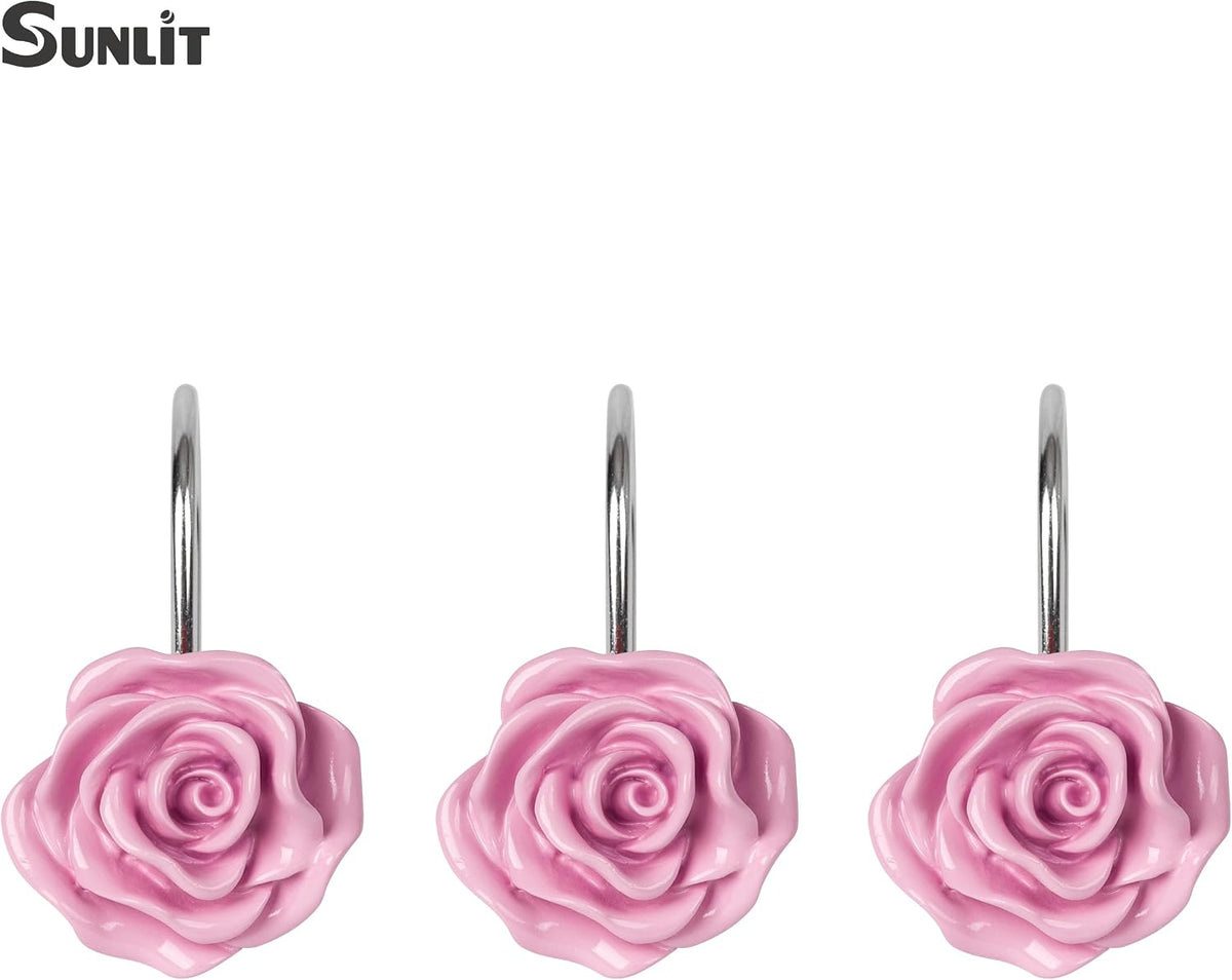 Rose Shower Curtain Hooks, Home Decorative Flower Shower Curtain Rings for Bathroom, Resin, Pink Floral Shower Curtain Hanger Hooks for Living Room, Set of 12
